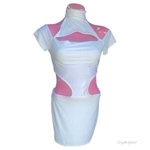 Sexy White Cutout Mini Dress with Pearl Button Collar – Short Sleeve Bodycon L